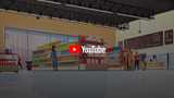 Vector image of people shopping inside a supermarket with shelves of products and a pharmacy counter. Overlay with YouTube logo.